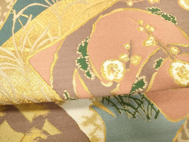 平和屋着物●六通柄袋帯　唐織　風景飛鳥枝花松文　金糸　正絹　逸品　DABA0769cm