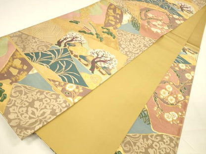 平和屋着物●六通柄袋帯　唐織　風景飛鳥枝花松文　金糸　正絹　逸品　DABA0769cm