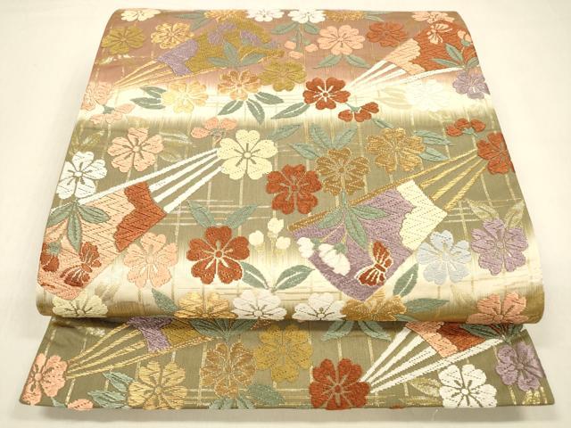 平和屋着物●六通柄袋帯　唐織　扇面花蝶文　金糸　正絹　逸品　DABA0771cm