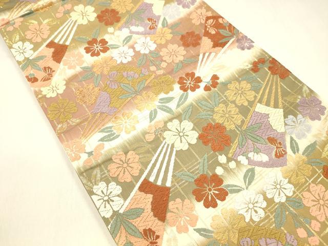 平和屋着物●六通柄袋帯　唐織　扇面花蝶文　金糸　正絹　逸品　DABA0771cm