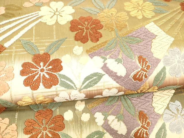 平和屋着物●六通柄袋帯　唐織　扇面花蝶文　金糸　正絹　逸品　DABA0771cm