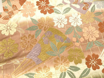 平和屋着物●六通柄袋帯　唐織　扇面花蝶文　金糸　正絹　逸品　DABA0771cm