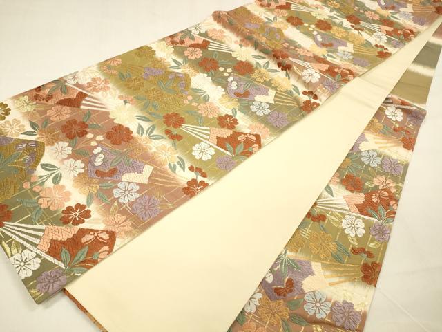 平和屋着物●六通柄袋帯　唐織　扇面花蝶文　金糸　正絹　逸品　DABA0771cm