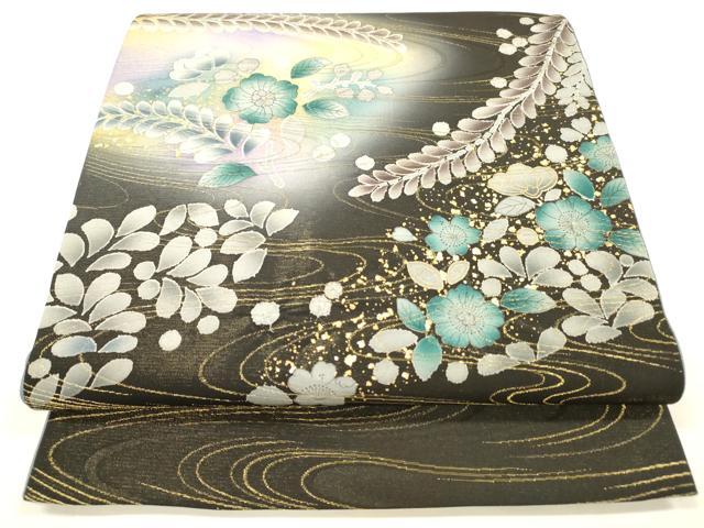 平和屋着物○太鼓柄袋帯 絞り 流水辻が花 黒地 金糸 正絹 逸品 DABA0773cm
