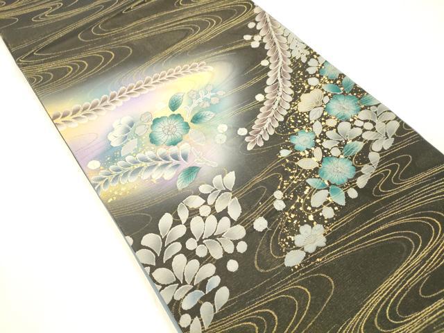 平和屋着物●太鼓柄袋帯　絞り　流水辻が花　黒地　金糸　正絹　逸品　DABA0773cm 平和屋着物○太鼓柄袋帯 絞り 流水辻が花 黒地 金糸 正絹 逸品 DABA0773cm