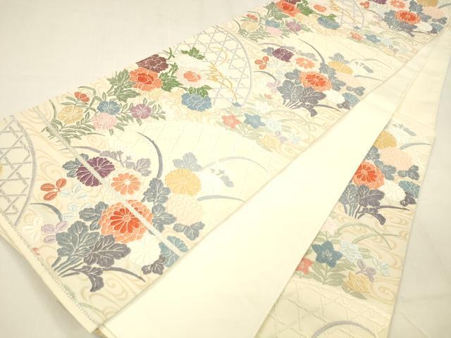 平和屋着物○六通柄袋帯 唐織 流水籬草花文 金糸 正絹 逸品