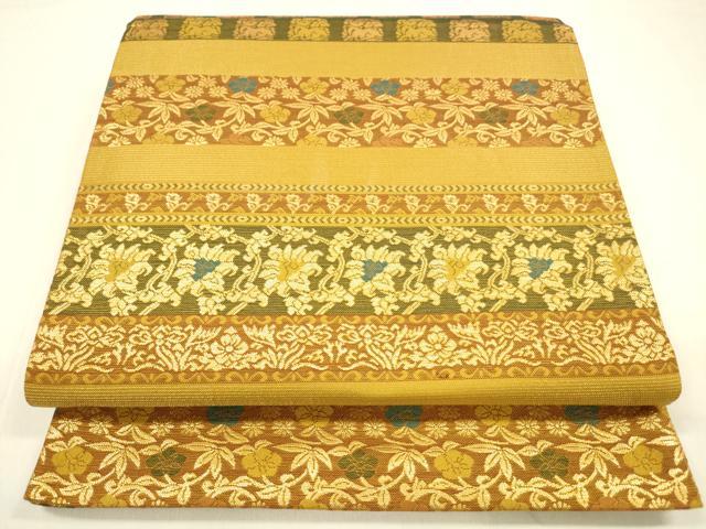 平和屋着物●六通柄袋帯　横段動物草花文　金糸　正絹　逸品　DABA0778cm 平和屋着物○六通柄袋帯 横段動物草花文 金糸 正絹 逸品
