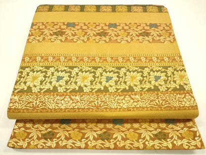 平和屋着物●六通柄袋帯　横段動物草花文　金糸　正絹　逸品　DABA0778cm