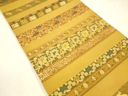 平和屋着物●六通柄袋帯　横段動物草花文　金糸　正絹　逸品　DABA0778cm