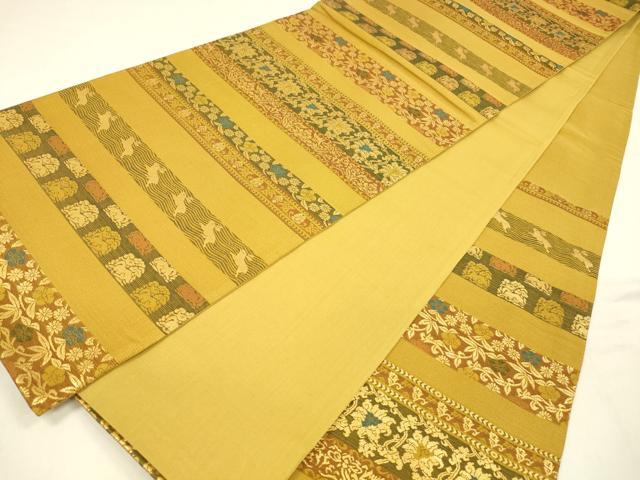 平和屋着物●六通柄袋帯　横段動物草花文　金糸　正絹　逸品　DABA0778cm