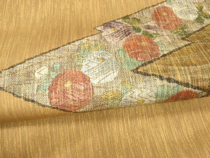 平和屋着物●太鼓柄袋帯 ベールすくい織 草花文 金銀糸 正絹 逸品 DABA0781cm