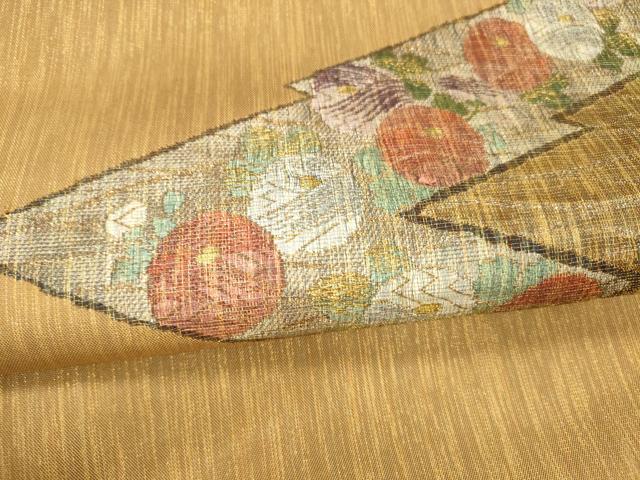 平和屋着物●太鼓柄袋帯 ベールすくい織 草花文 金銀糸 正絹 逸品 DABA0781cm
