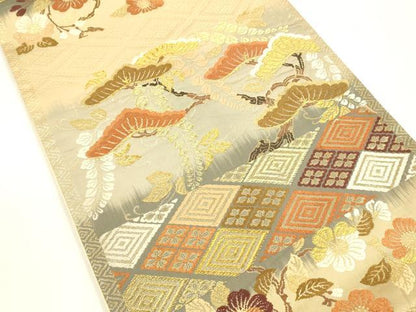 平和屋着物●六通柄袋帯　唐織　枝花松文　金糸　正絹　逸品　DABA0790cm