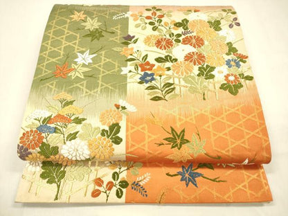 平和屋着物●六通柄袋帯　唐織　草花文　金糸　正絹　逸品　DABA0791cm
