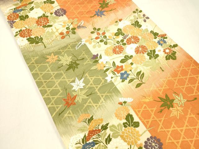平和屋着物●六通柄袋帯　唐織　草花文　金糸　正絹　逸品　DABA0791cm