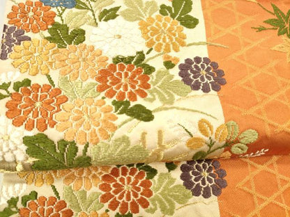 平和屋着物●六通柄袋帯　唐織　草花文　金糸　正絹　逸品　DABA0791cm