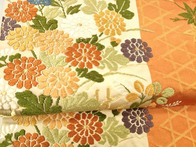 平和屋着物●六通柄袋帯　唐織　草花文　金糸　正絹　逸品　DABA0791cm