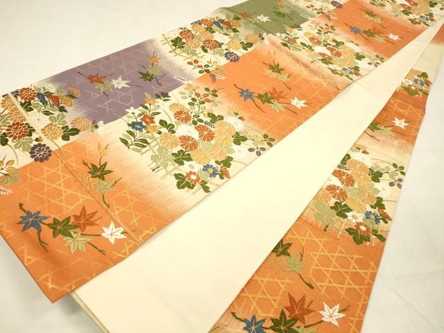 平和屋着物○六通柄袋帯 唐織 草花文 金糸 正絹 逸品 DABA0791cm