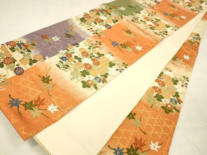 平和屋着物●六通柄袋帯　唐織　草花文　金糸　正絹　逸品　DABA0791cm