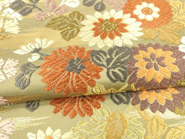 平和屋着物○六通柄袋帯 能衣唐織 格子秋草桜文 金糸