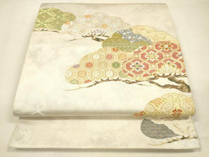平和屋着物▼六通柄袋帯 唐織 飛鳥花松文 金銀糸 引箔 正絹 逸品 DABA0794cm