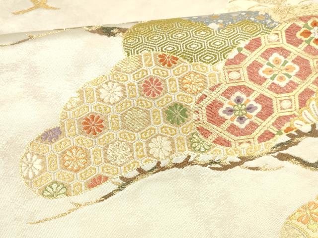 平和屋着物▼六通柄袋帯 唐織 飛鳥花松文 金銀糸 引箔 正絹 逸品 DABA0794cm