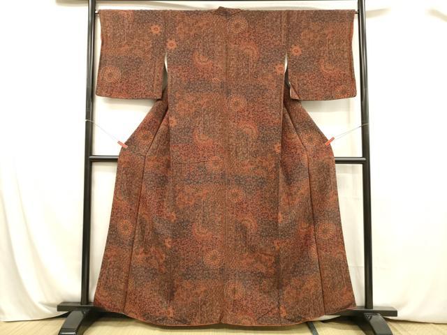 平和屋着物■上質な小紋 正倉院花文 鬼しぼ縮緬 正絹 逸品 DABA0828cm
