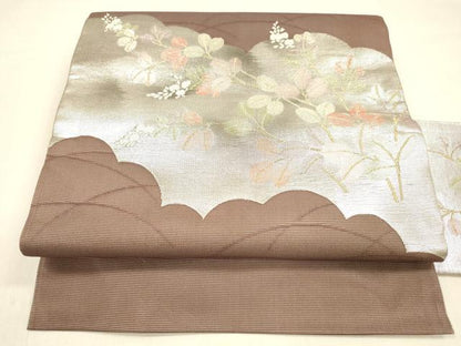 平和屋着物＊夏物 九寸名古屋帯 草葉文 金銀糸 正絹 逸品 DABA0862cm