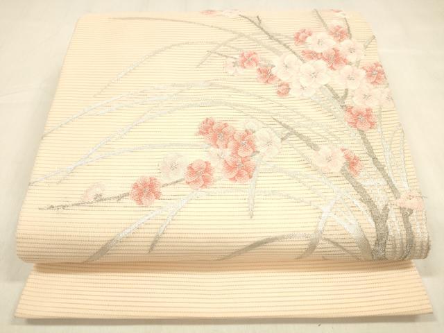 平和屋着物＊夏物 絽綴れ 九寸開き名古屋帯 枝花文 銀糸 正絹 逸品 DABA0865cm