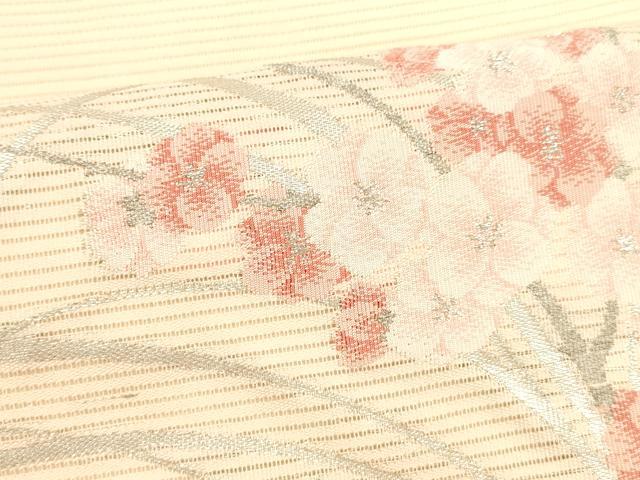 平和屋着物＊夏物 絽綴れ 九寸開き名古屋帯 枝花文 銀糸 正絹 逸品 DABA0865cm