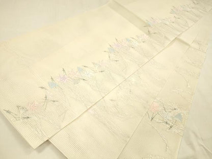 平和屋着物＊夏物 六通柄 本袋帯 唐織 草葉文 銀糸 正絹 逸品 DABA0870cm