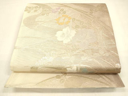 平和屋着物＊夏物 六通柄袋帯 流水草花文 金糸 正絹 逸品 DABA0871cm