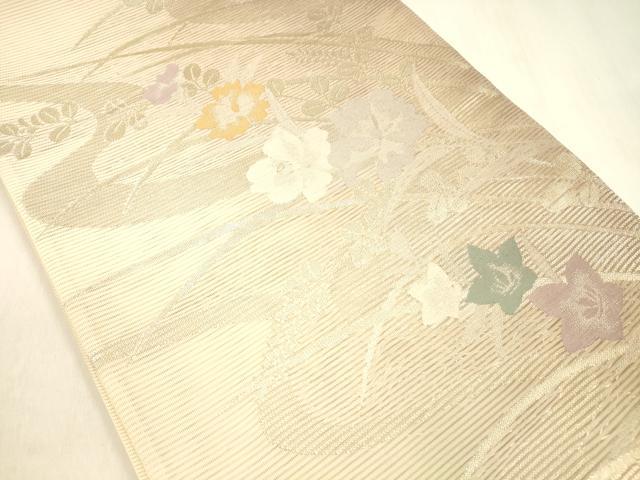 平和屋着物＊夏物　六通柄　本袋帯　流水草葉文　金糸　正絹　逸品　DABA0671cm 平和屋着物＊夏物 六通柄袋帯 流水籬草葉文 銀糸 正絹 逸品