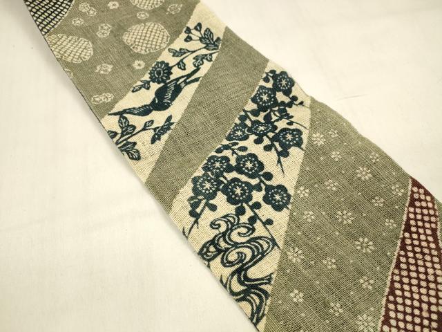 平和屋着物＊夏物　両面　半幅帯　型染　流水雪輪花鳥文　抽象文様　麻　逸品　DABA0883cm 平和屋着物＊夏物 両面 半幅帯 型染 流水雪輪花鳥文 抽象文様