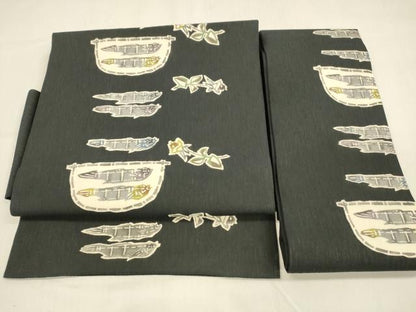 平和屋着物＊夏物 つけ帯 型染 枝花文 魚 黒地 正絹 逸品 DABA0889cm