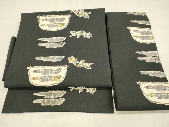 平和屋着物＊夏物 つけ帯 型染 枝花文 魚 黒地 正絹 逸品 DABA0889cm