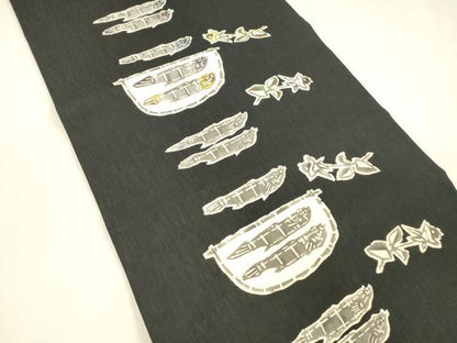 平和屋着物＊夏物 つけ帯 型染 枝花文 魚 黒地 正絹 逸品 DABA0889cm
