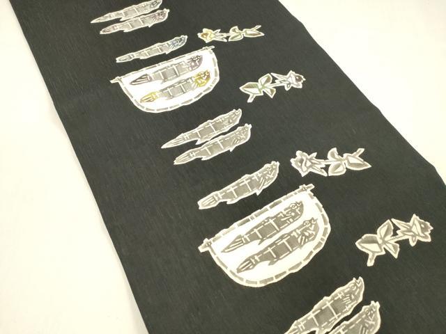 平和屋着物＊夏物 つけ帯 型染 枝花文 魚 黒地 正絹 逸品 DABA0889cm