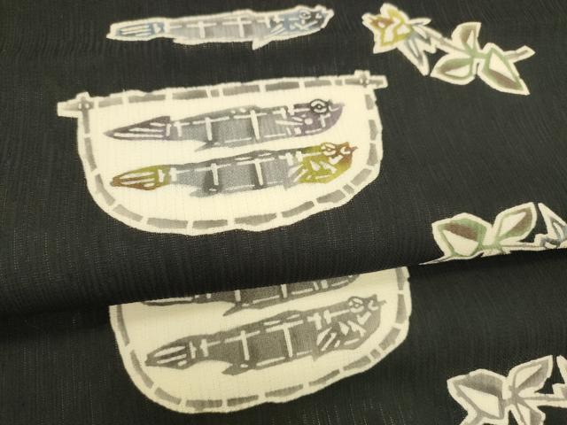 平和屋着物＊夏物 つけ帯 型染 枝花文 魚 黒地 正絹 逸品 DABA0889cm