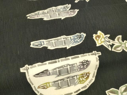 平和屋着物＊夏物 つけ帯 型染 枝花文 魚 黒地 正絹 逸品 DABA0889cm