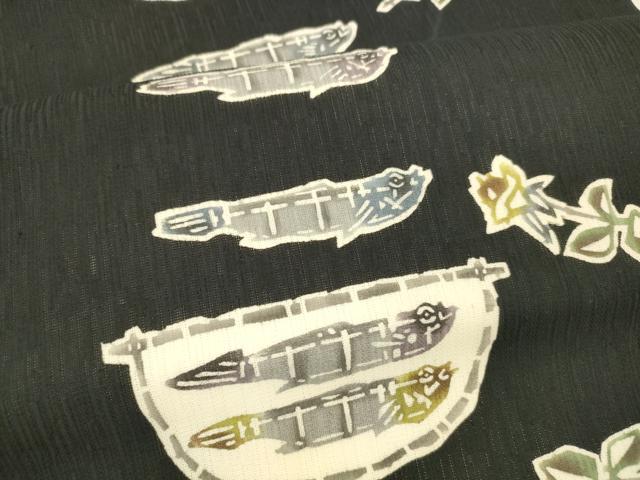 平和屋着物＊夏物 つけ帯 型染 枝花文 魚 黒地 正絹 逸品 DABA0889cm