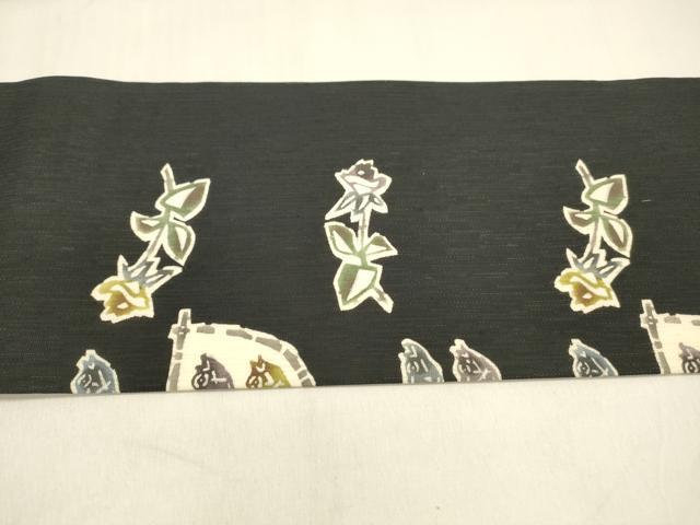 平和屋着物＊夏物 つけ帯 型染 枝花文 魚 黒地 正絹 逸品 DABA0889cm