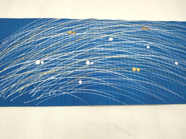平和屋着物＊夏物　絽塩瀬　九寸名古屋帯　手描き　竜田川　魚　金彩　正絹　逸品　DABA0384cm 平和屋着物＊夏物 絽塩瀬 九寸名古屋帯 文字文 写経 銀彩 正絹 逸品