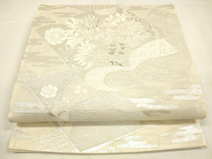 平和屋着物＊夏物 六通柄袋帯 唐織 冊子草花文 銀糸 正絹 逸品 DABA0900cm