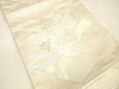 平和屋着物＊夏物 六通柄袋帯 唐織 冊子草花文 銀糸 正絹 逸品 DABA0900cm