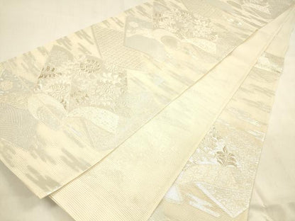平和屋着物＊夏物 六通柄袋帯 唐織 冊子草花文 銀糸 正絹 逸品 DABA0900cm