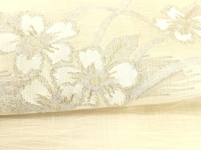 平和屋着物▽太鼓柄袋帯　スリーシーズン　春夏秋　すくい織　草花文　金銀糸　正絹　逸品　DABA0905cm