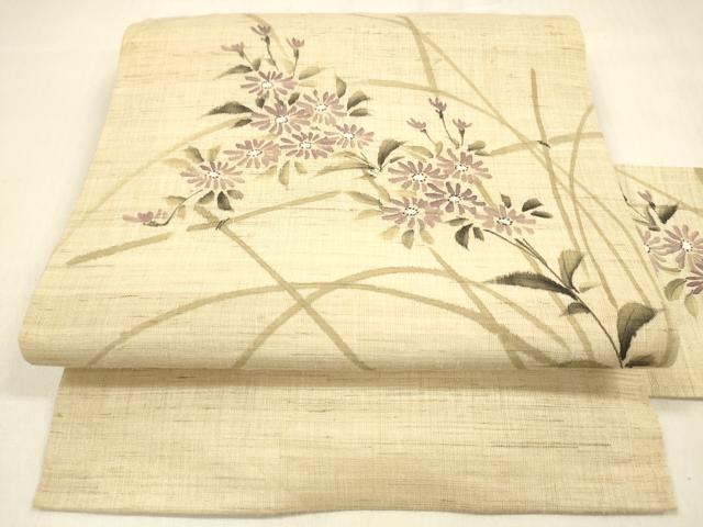 平和屋着物＊夏物 九寸名古屋帯 作家物 手描き 草花文 麻 逸品 DABA0908cm