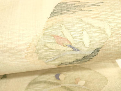 平和屋着物▽太鼓柄袋帯 スリーシーズン 春夏秋 すくい織 枝花文 金糸 正絹 逸品 DABA0911cm