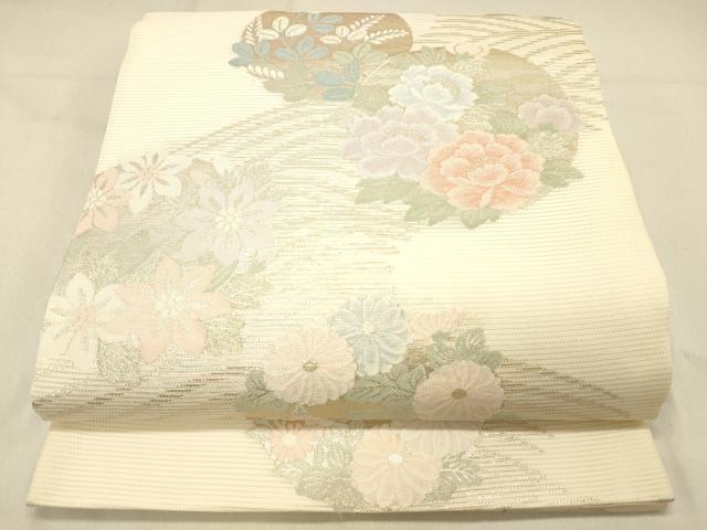 平和屋着物＊夏物 六通柄袋帯 流水草花文 銀糸 正絹 逸品 DABA0915cm
